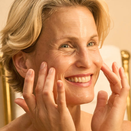Smiling woman applying Tropic Skincare product to her face, showing hydrated and radiant skin.
